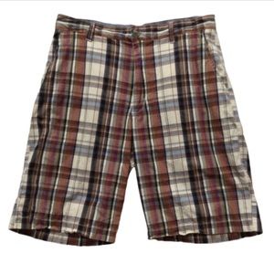Joseph Abboud Tan Rust Wine Plaid Flat Front Chino Shorts 32